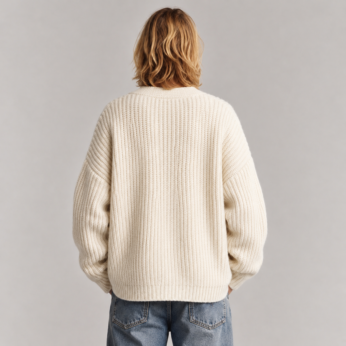 Men's Oversized V-Neck Chunky Knit Cardigan with Pockets