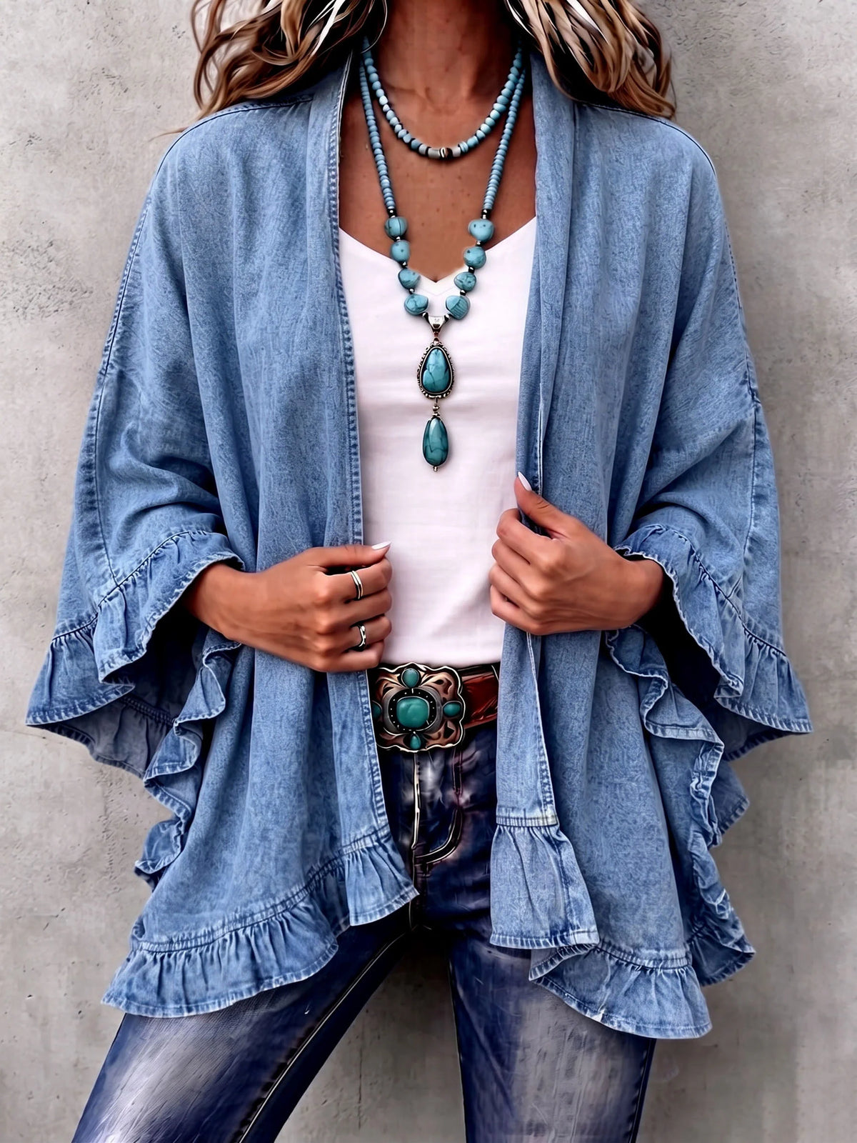 Boho Denim Cardigan ? Feminine Ruffles for Effortless Autumn Style 0