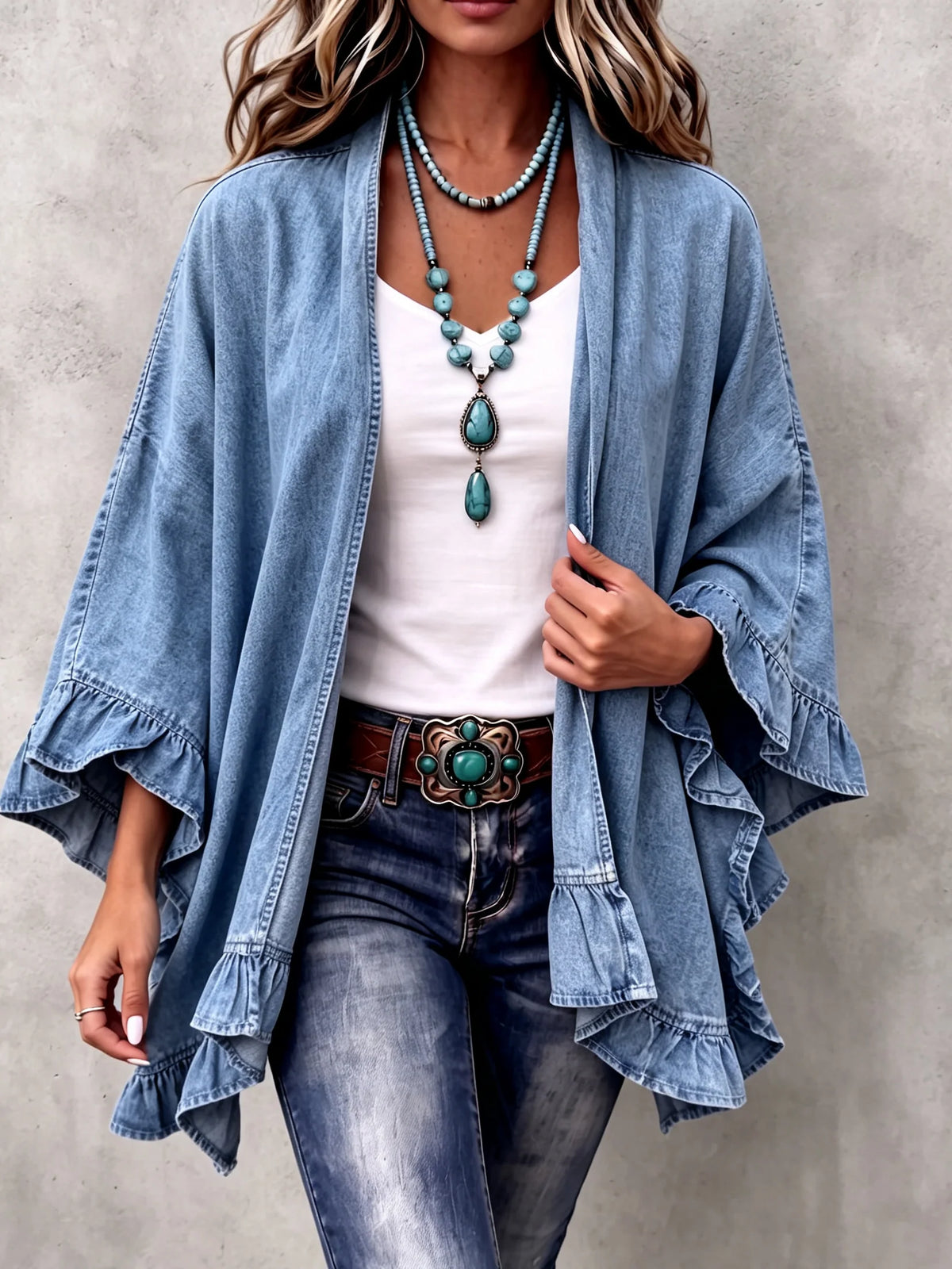 Boho Denim Cardigan ? Feminine Ruffles for Effortless Autumn Style 1