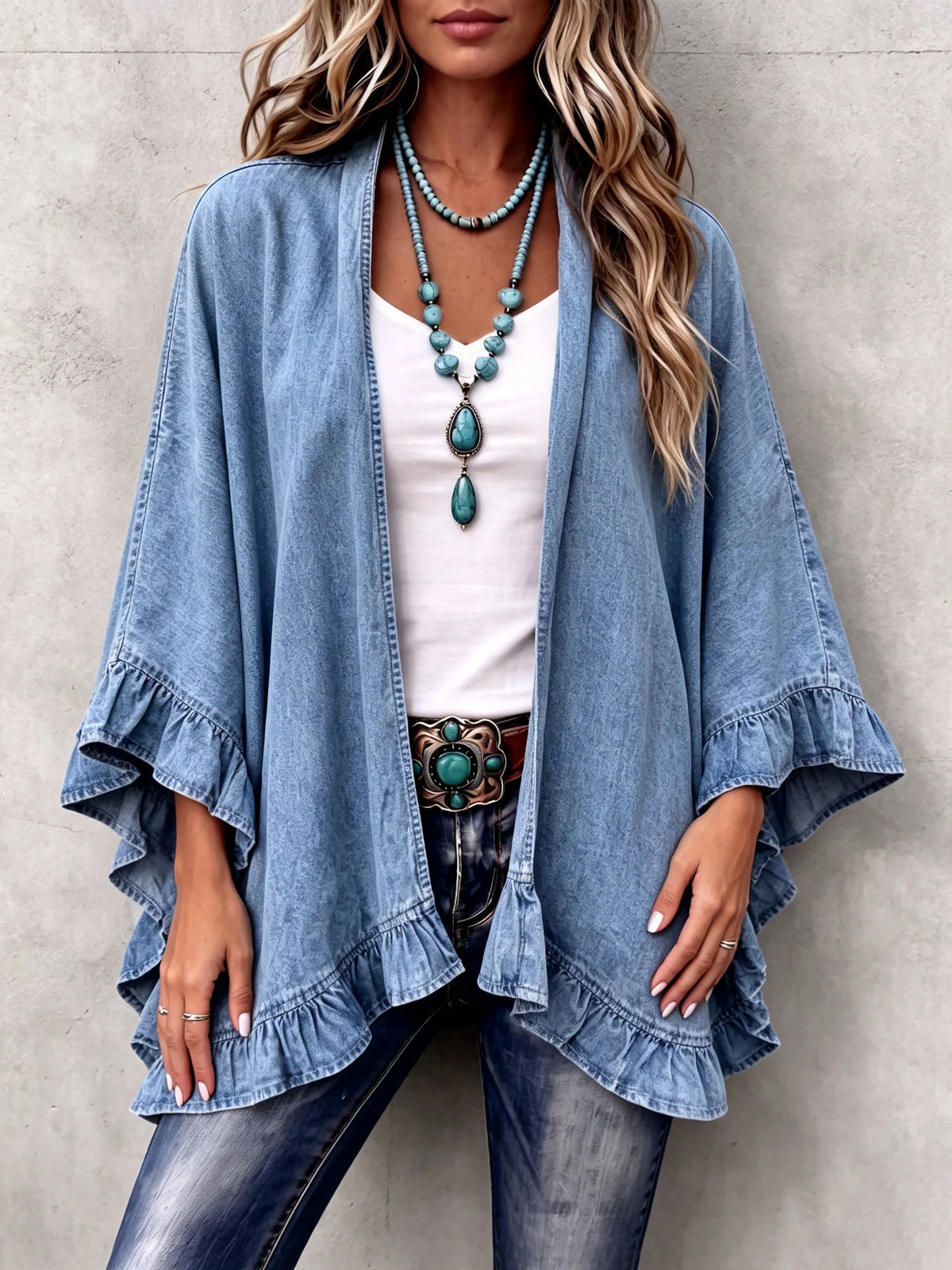 Boho Denim Cardigan ? Feminine Ruffles for Effortless Autumn Style 2