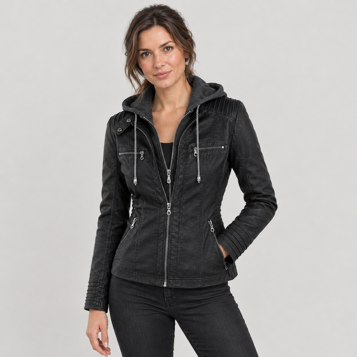 Women’s Hooded Faux Leather Biker Jacket