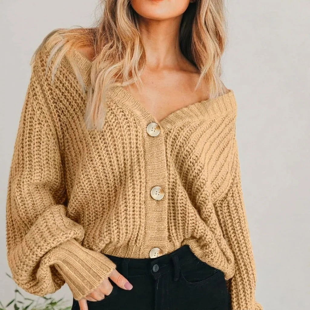 Cropped Chunky Knit Cardigan with Balloon Sleeves | Women's Cardigan 1