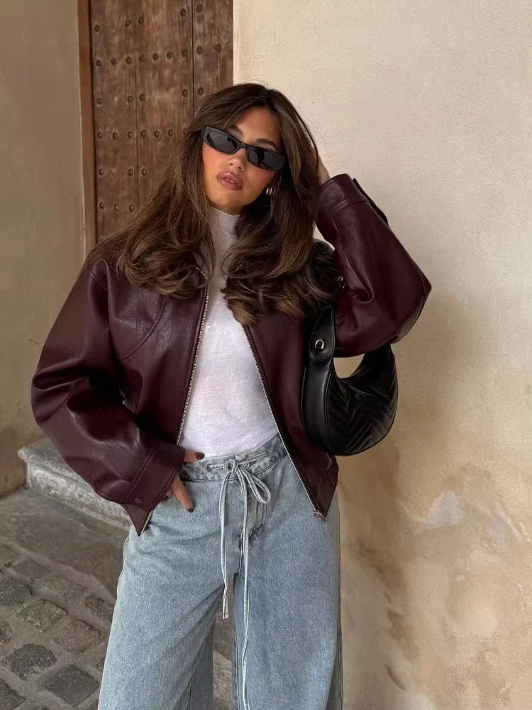 Cropped Oversized Leather Jacket Women | Women's Jacket 0