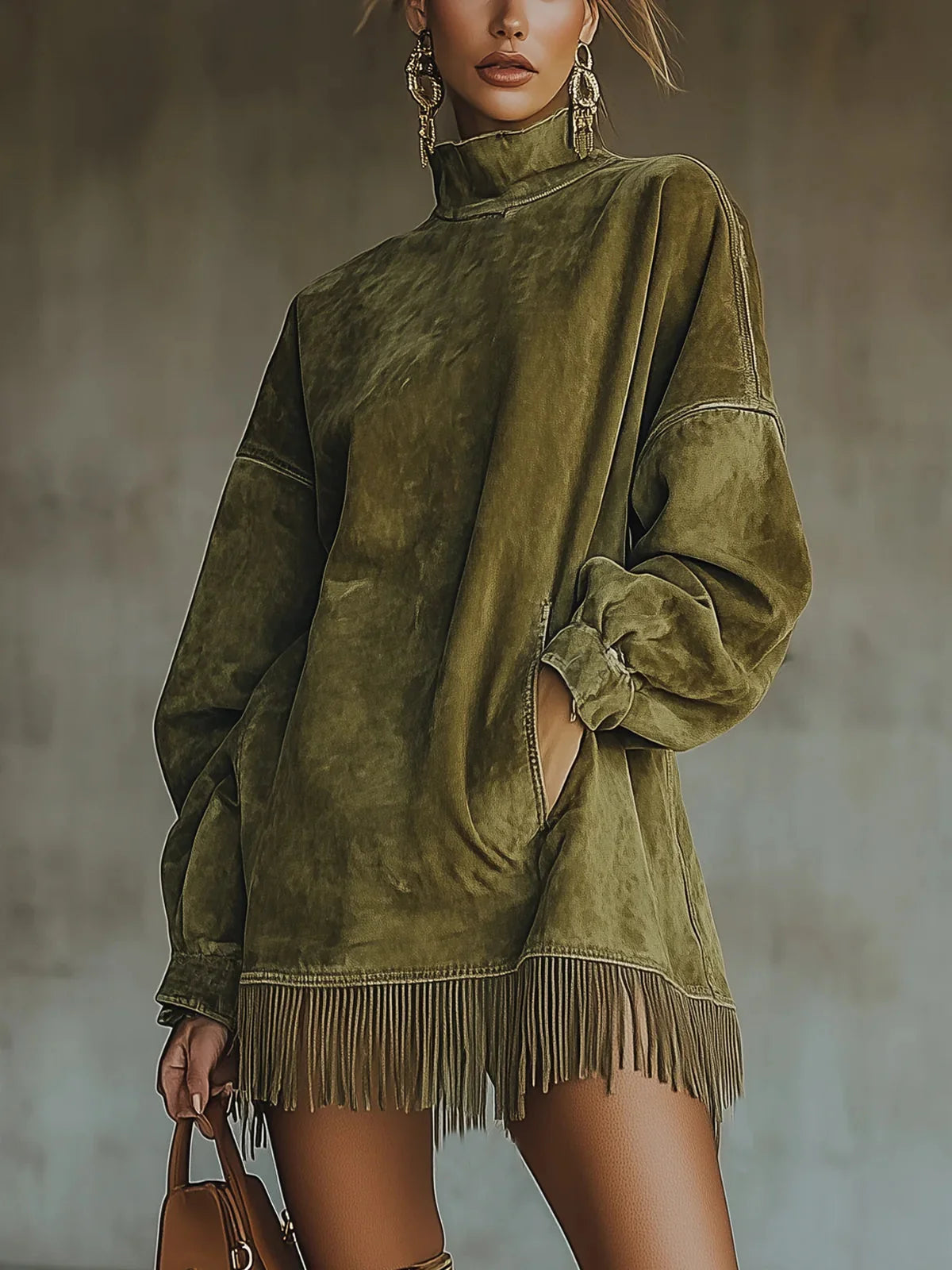 Darcie Suede Fringe Turtleneck Dress 0