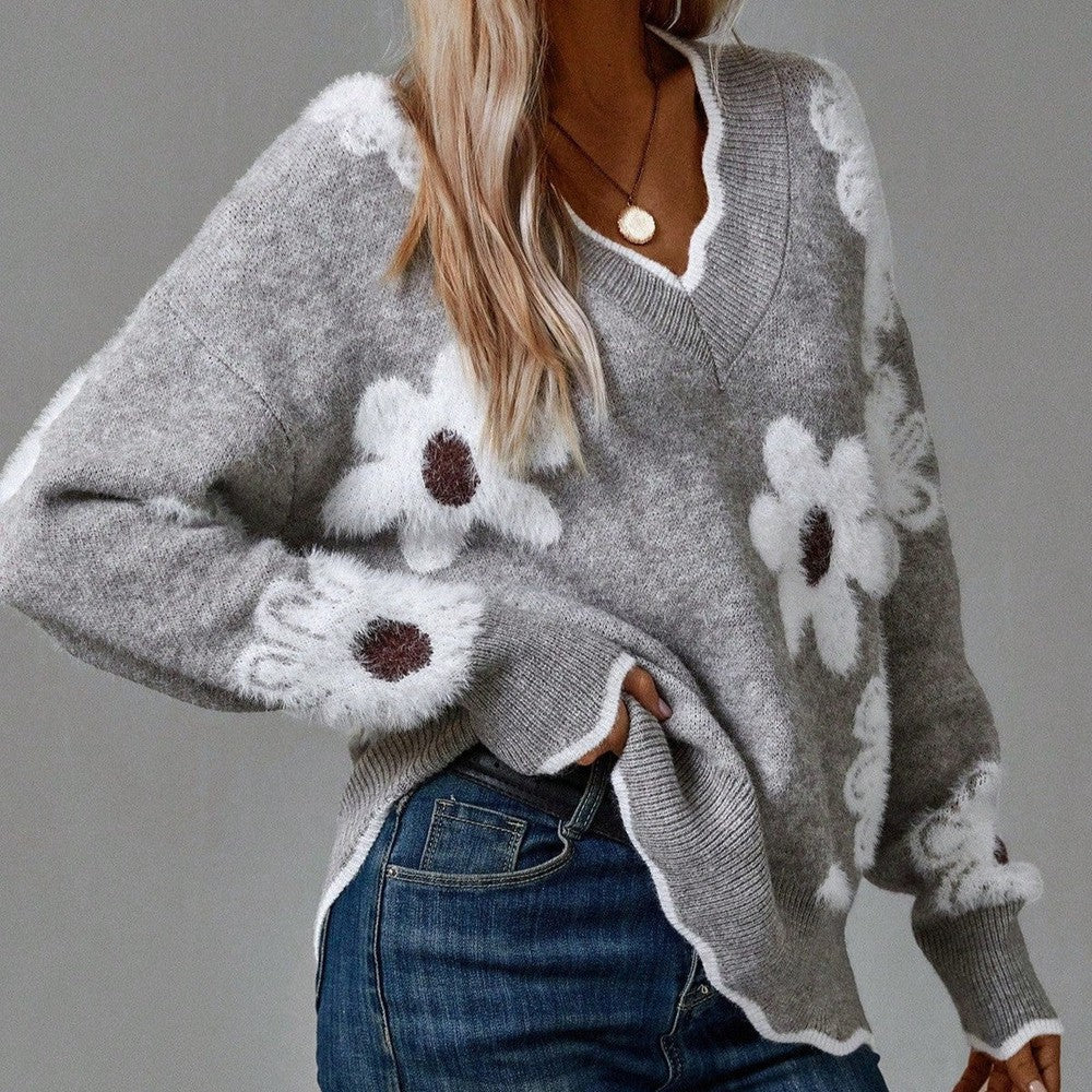 Floral Daisy Knit Sweater | Women's Sweater V-Neck Grey 0