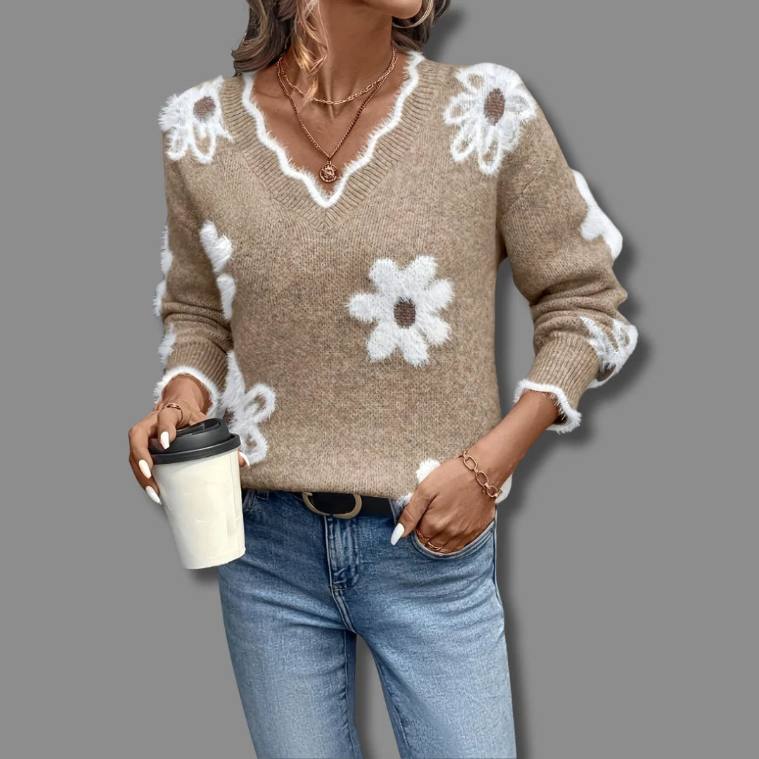 Floral Daisy Knit Sweater | Women's Sweater V-Neck Grey 4