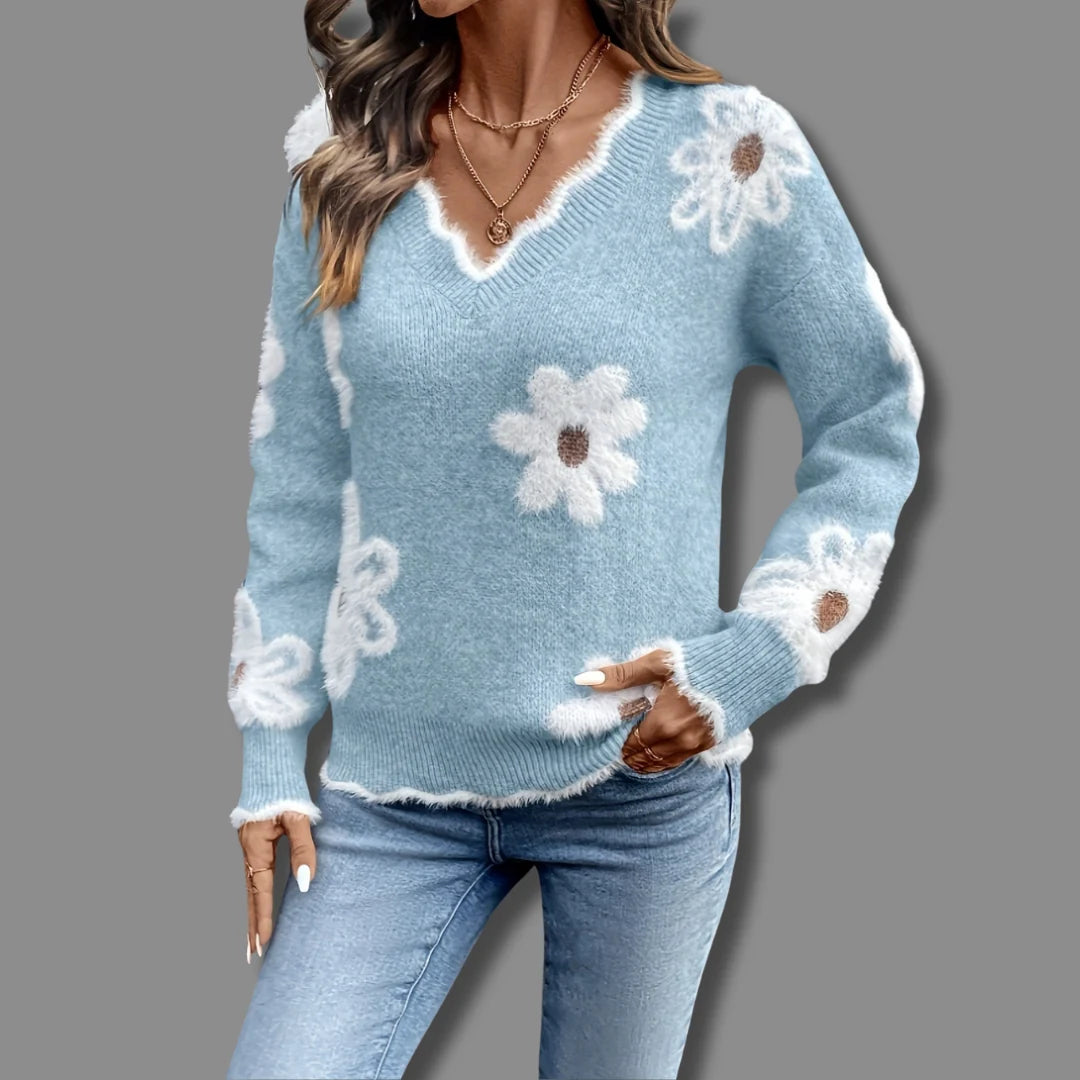 Floral Daisy Knit Sweater | Women's Sweater V-Neck Grey 5