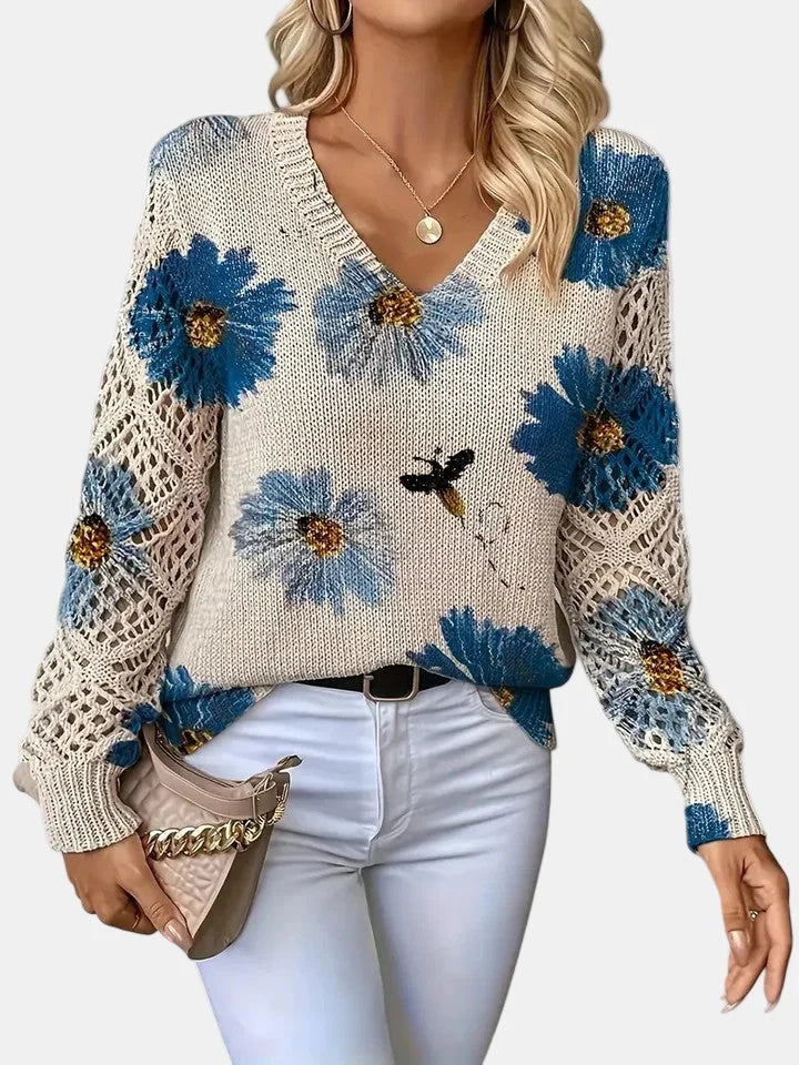 Floral Knit V-Neck Sweater | Women's Sweater Relaxed Fit 0