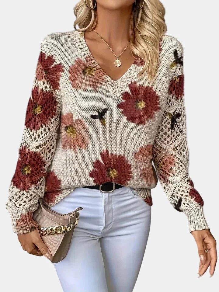 Floral Knit V-Neck Sweater | Women's Sweater Relaxed Fit 1