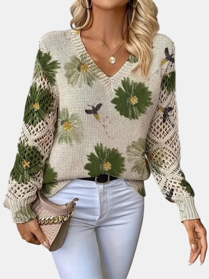 Floral Knit V-Neck Sweater | Women's Sweater Relaxed Fit 2