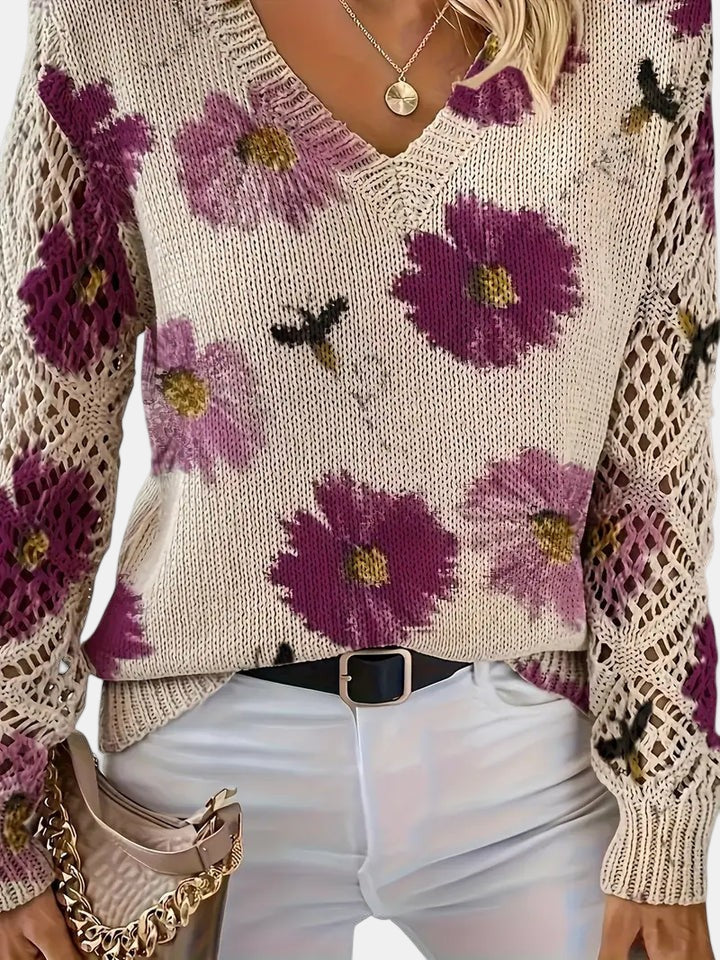 Floral Knit V-Neck Sweater | Women's Sweater Relaxed Fit 4