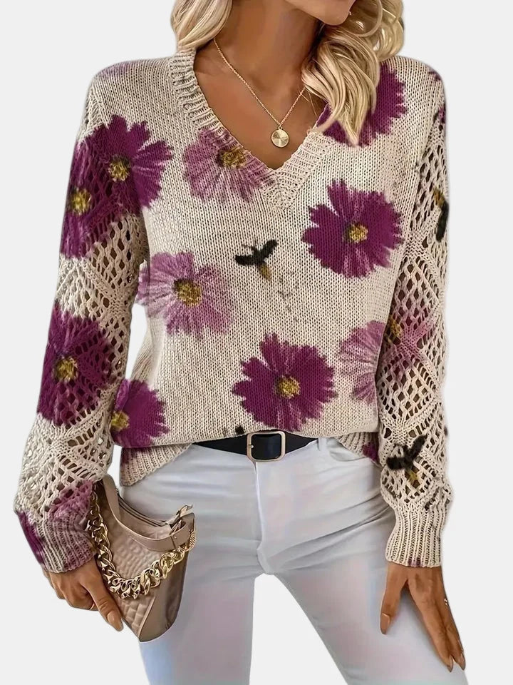 Floral Knit V-Neck Sweater | Women's Sweater Relaxed Fit 5