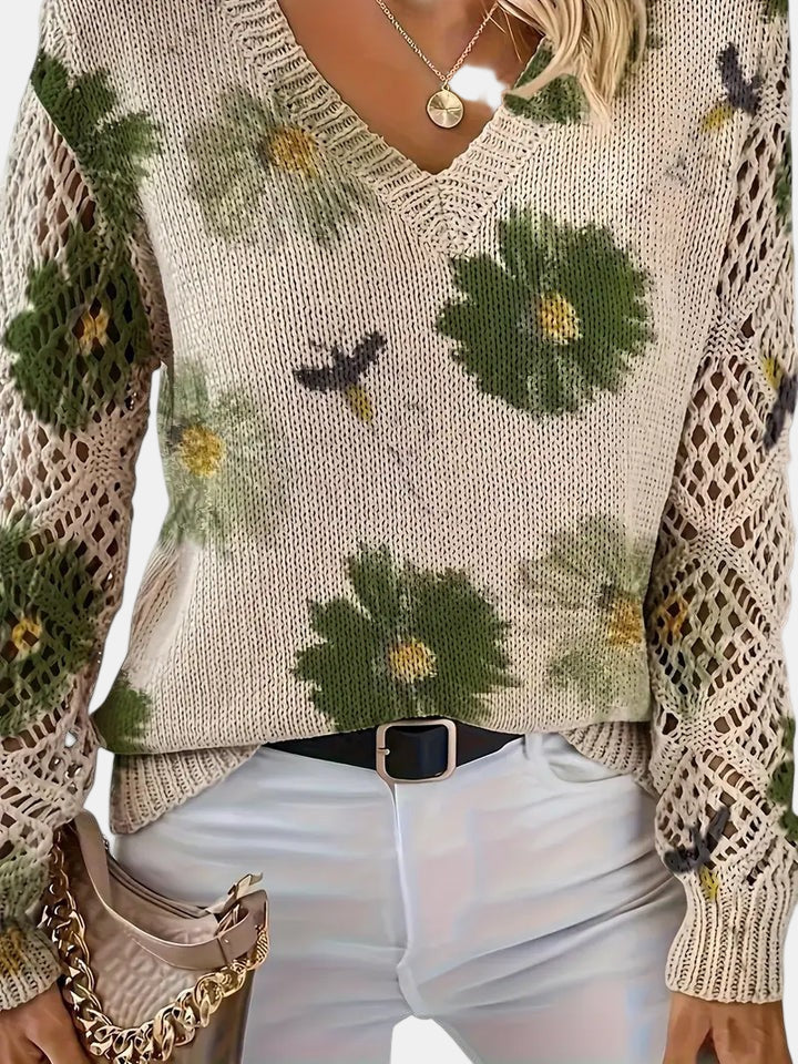 Floral Knit V-Neck Sweater | Women's Sweater Relaxed Fit 7