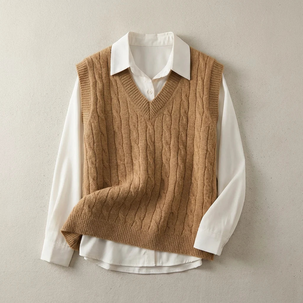 Florence Wool Vest | Women's V-Neck Cable Knit Sweater Vest 2