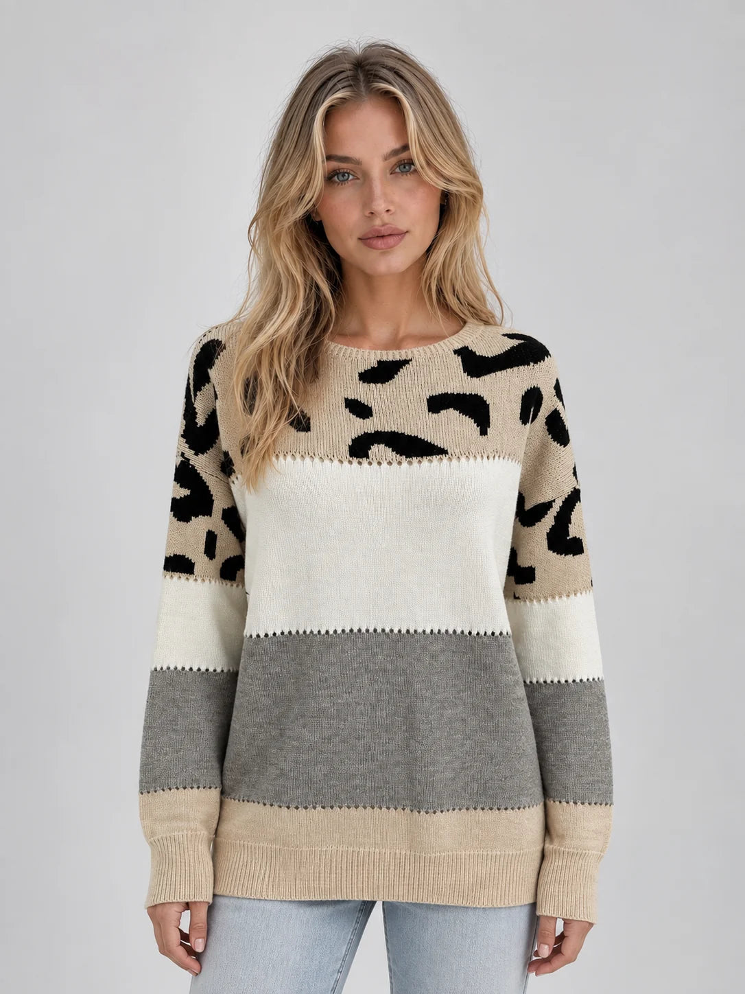 Leopard Print Knit Jumper Women’s Relaxed Crew Neck Sweater 0