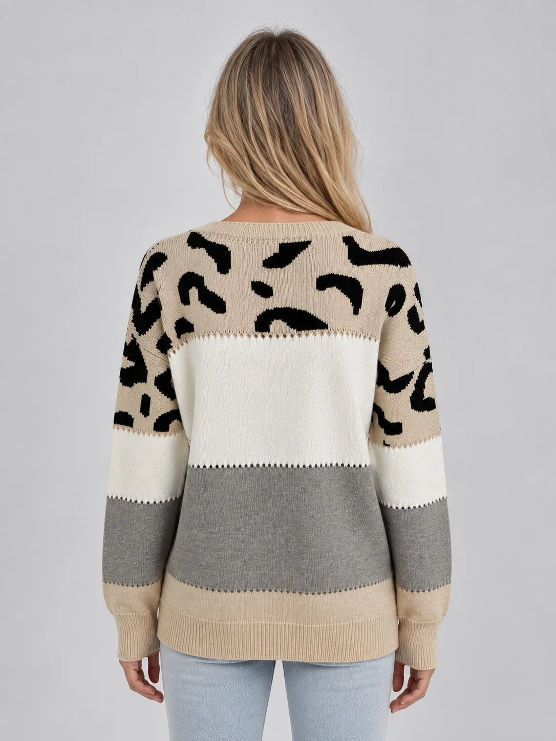 Leopard Print Knit Jumper Women’s Relaxed Crew Neck Sweater 1