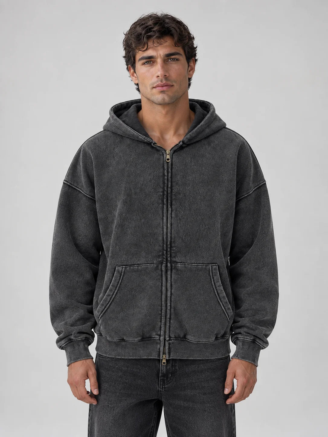 Men's Oversized Full Zip Hoodie Washed Cotton Blend 0