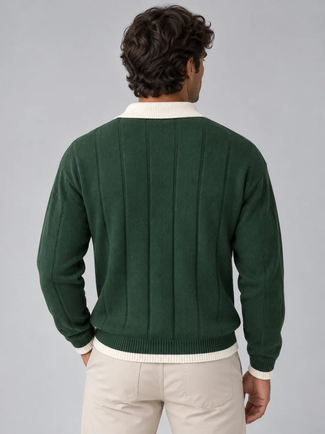 Men's Ribbed Knit Polo Jumper with Contrast Collar 1