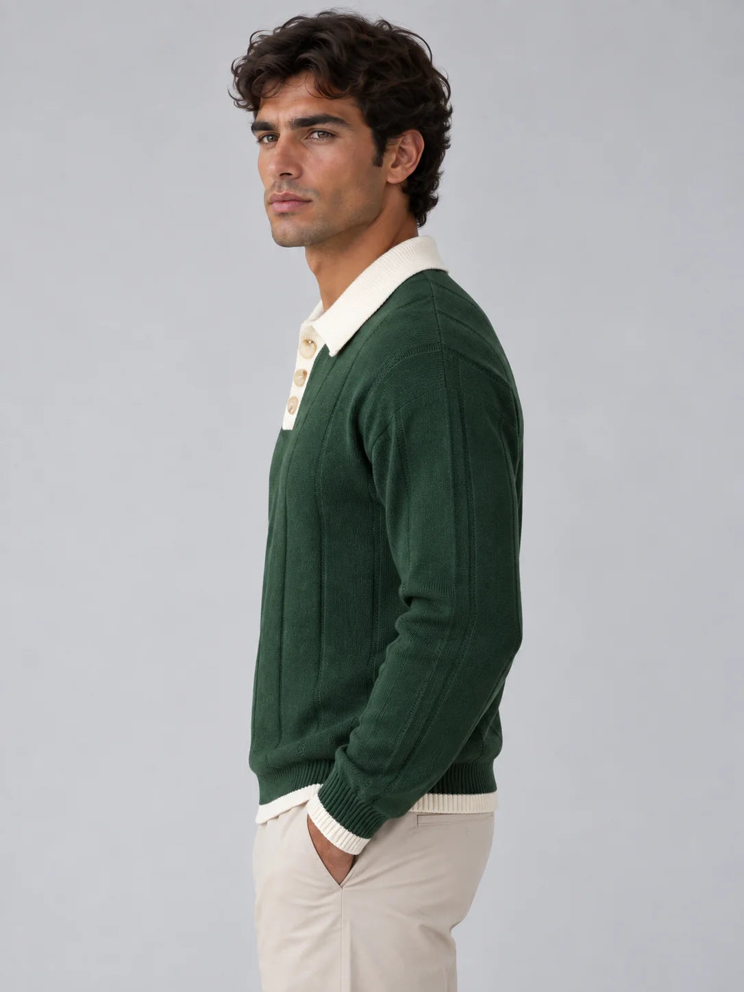 Men's Ribbed Knit Polo Jumper with Contrast Collar 2