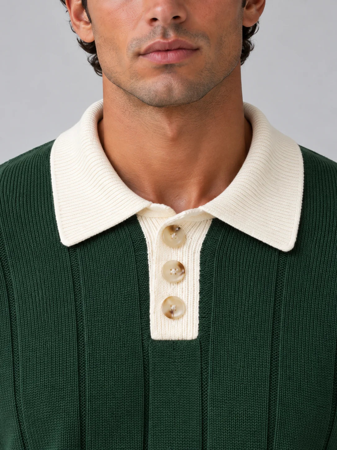 Men's Ribbed Knit Polo Jumper with Contrast Collar 3