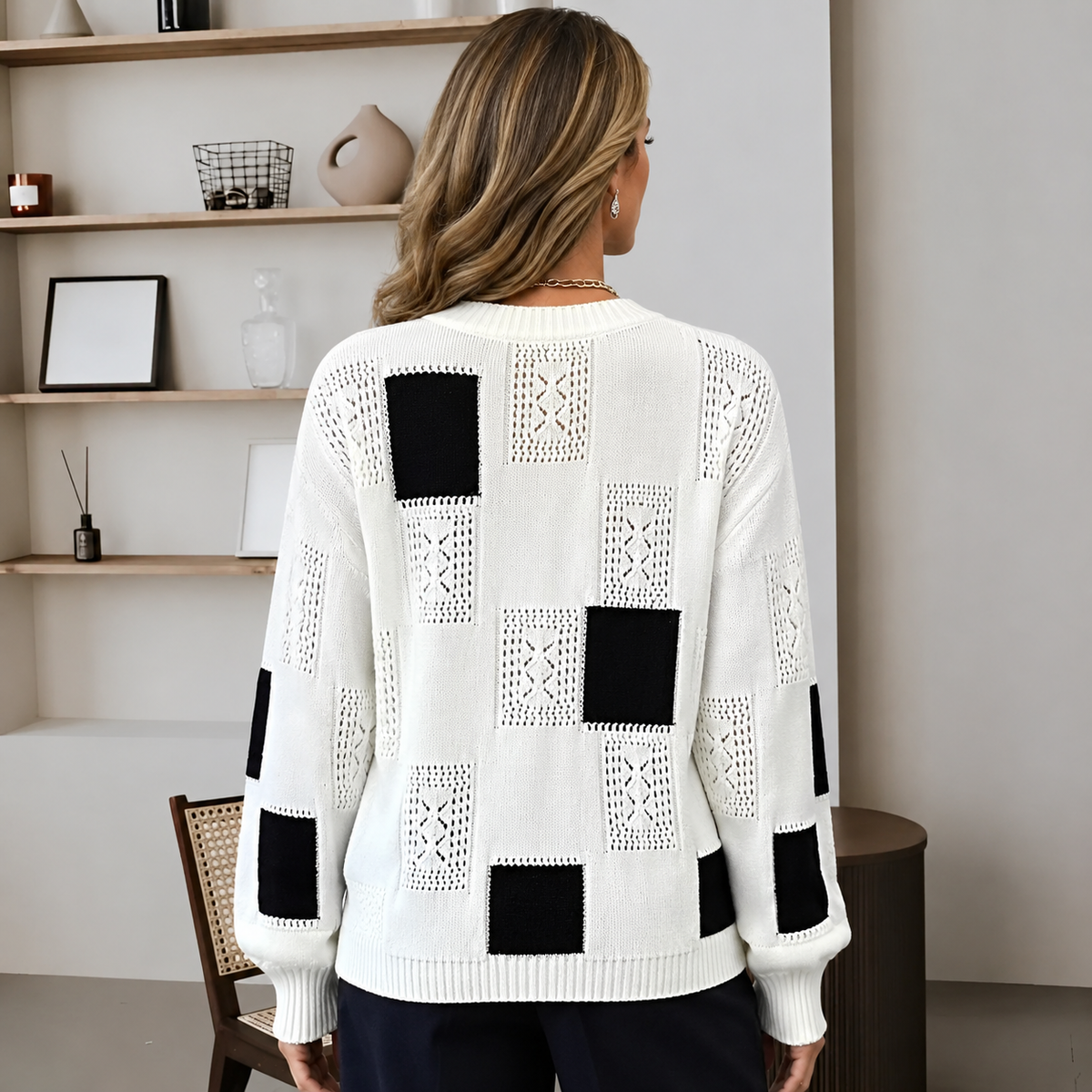Women’s Geometric Patchwork Crew Neck Jumper