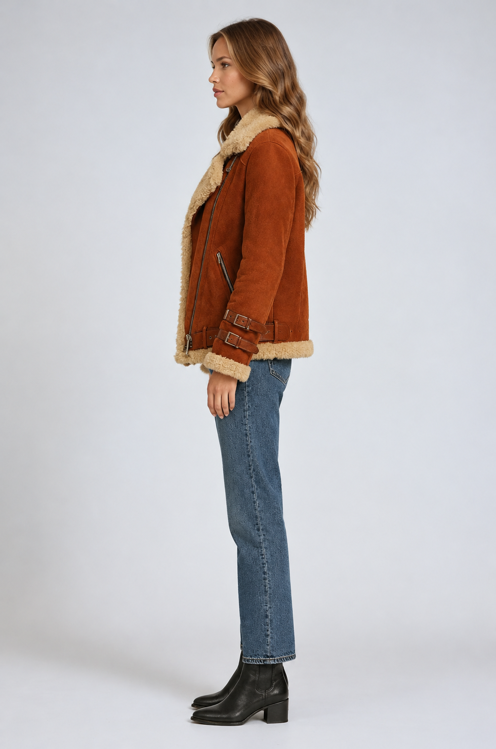 Women’s Fur-Trimmed Buckle Strap Winter Aviator Jacket