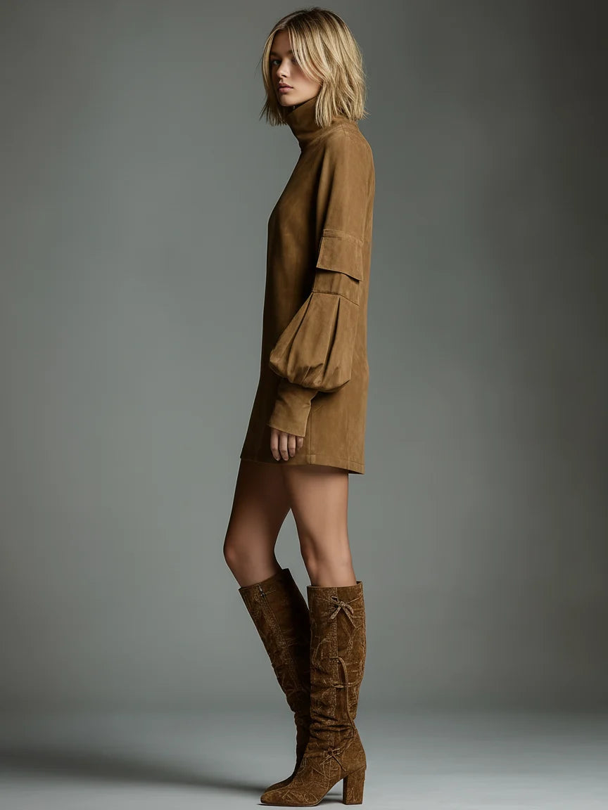Vintage Suede Turtleneck Mini Dress | Women's Fashion Dress 4