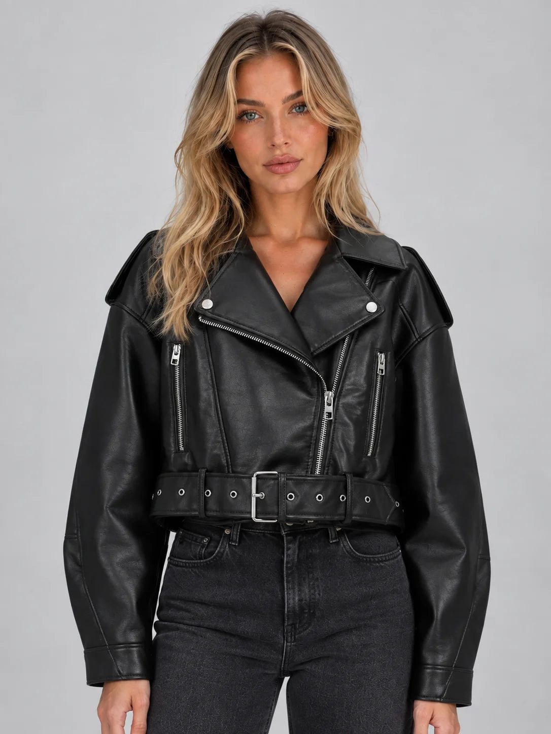 Women's Cropped Faux Leather Biker Jacket with Belt 0