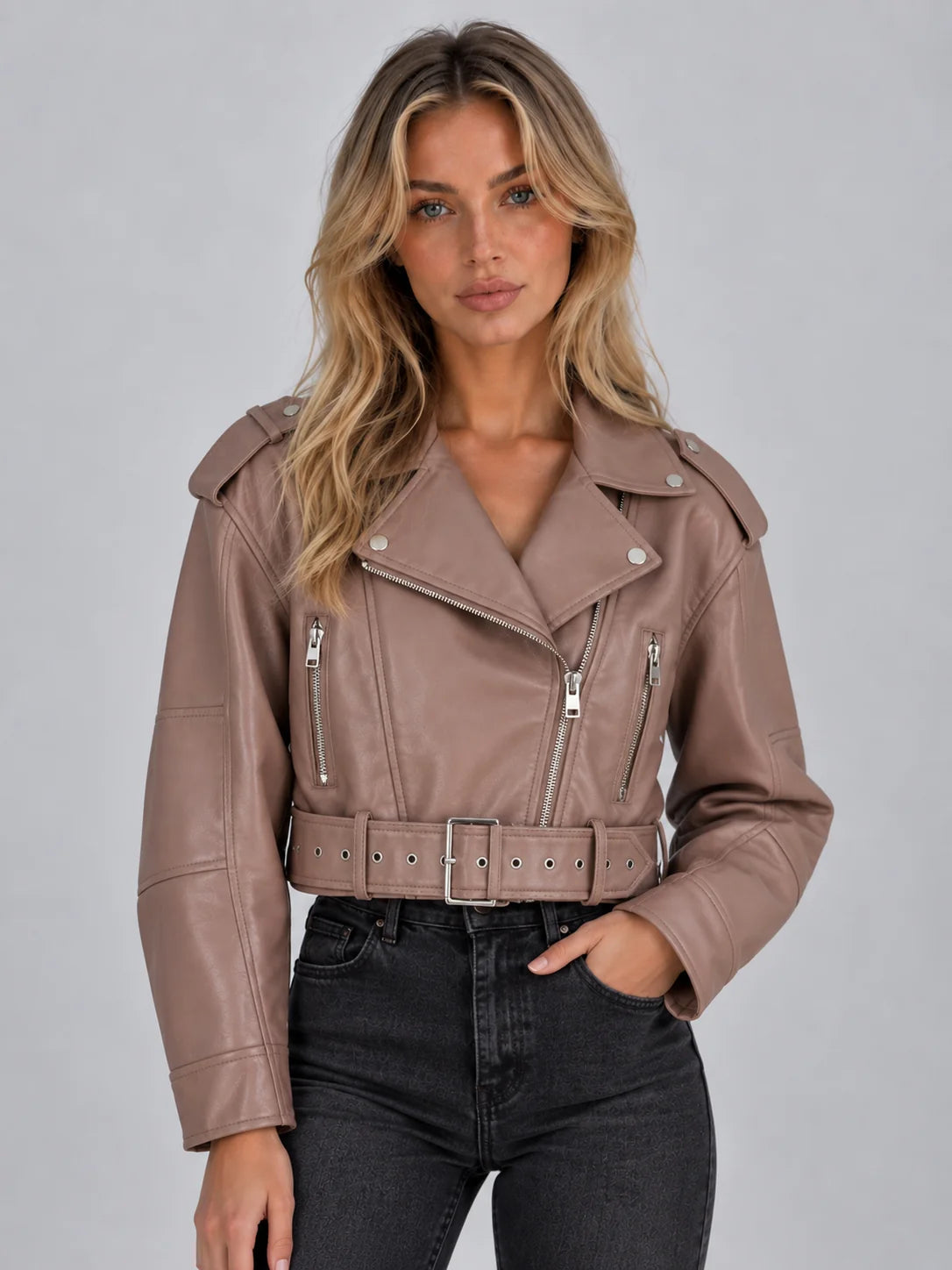Women's Cropped Faux Leather Biker Jacket with Belt 3