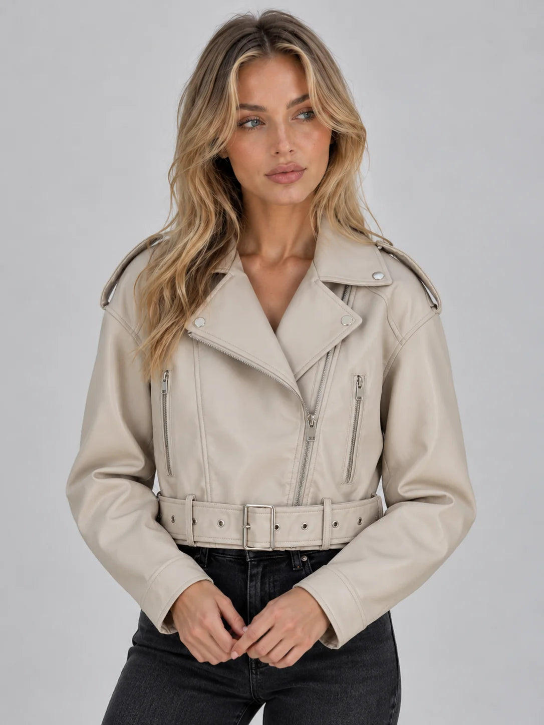 Women's Cropped Faux Leather Biker Jacket with Belt 4