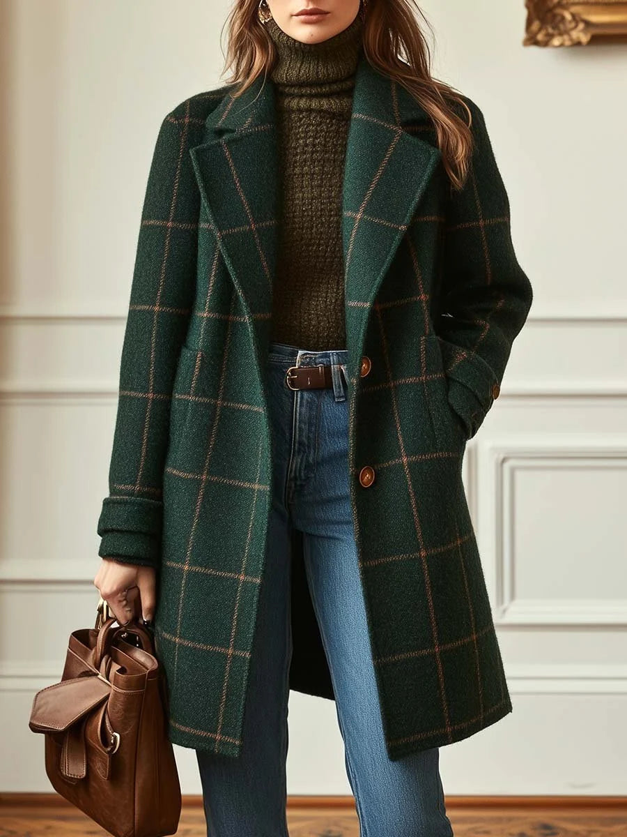 Wool Check Coat Tailored Fit Classic Lapel Collar 0