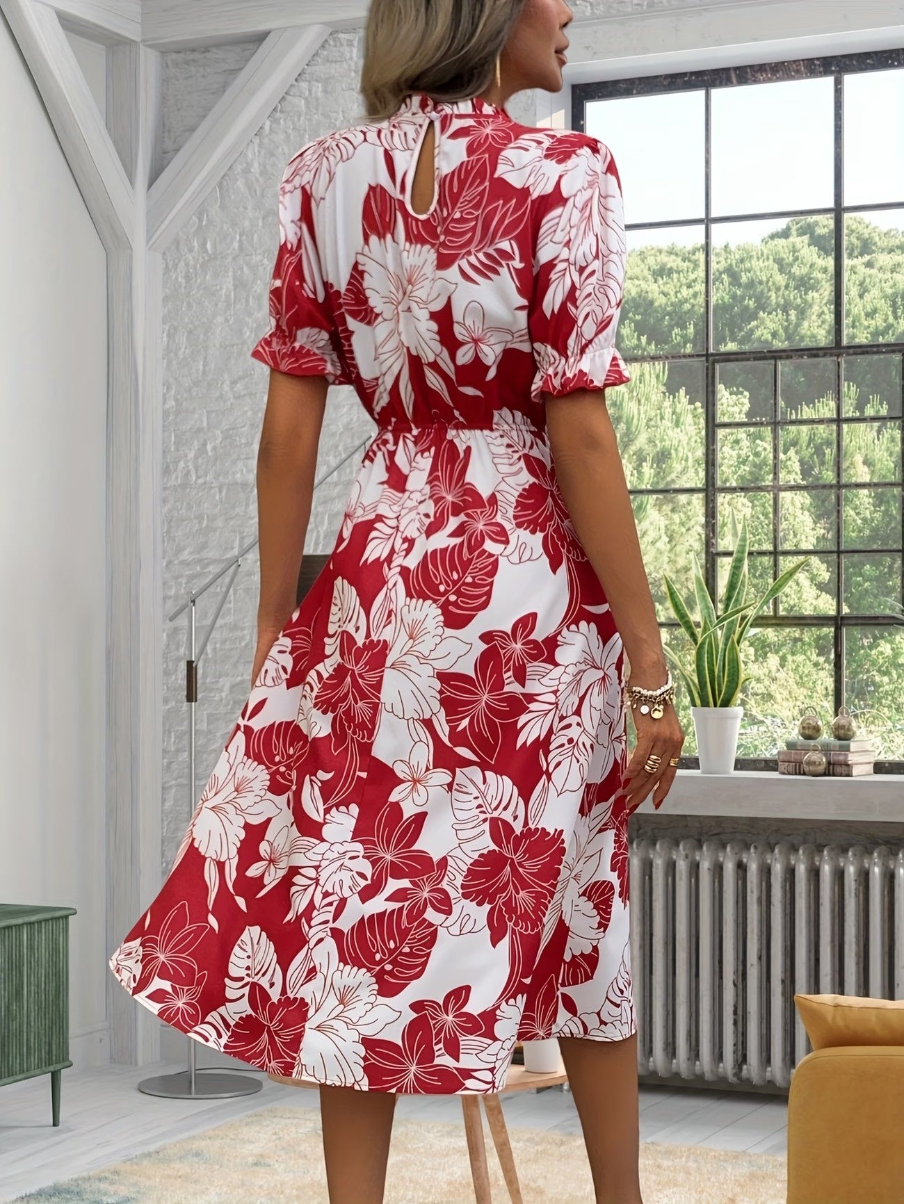 Women’s Floral Midi Dress with Puff Sleeves
