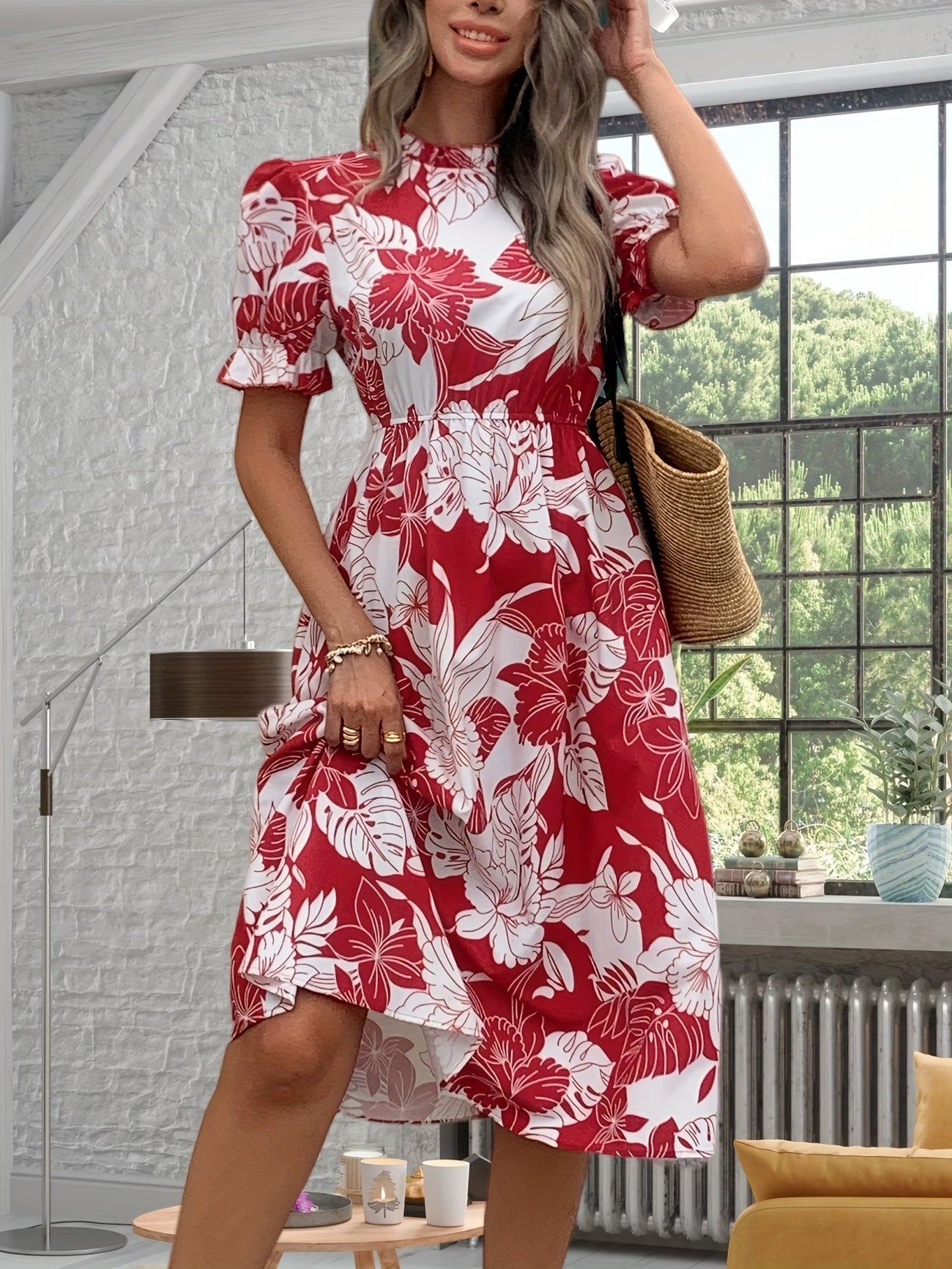 Women’s Floral Midi Dress with Puff Sleeves
