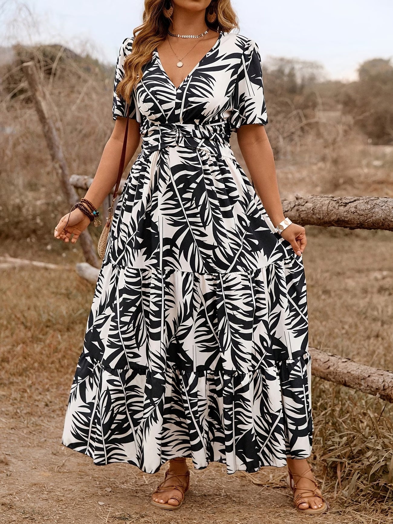 Women’s Leaf-Print Maxi Dress