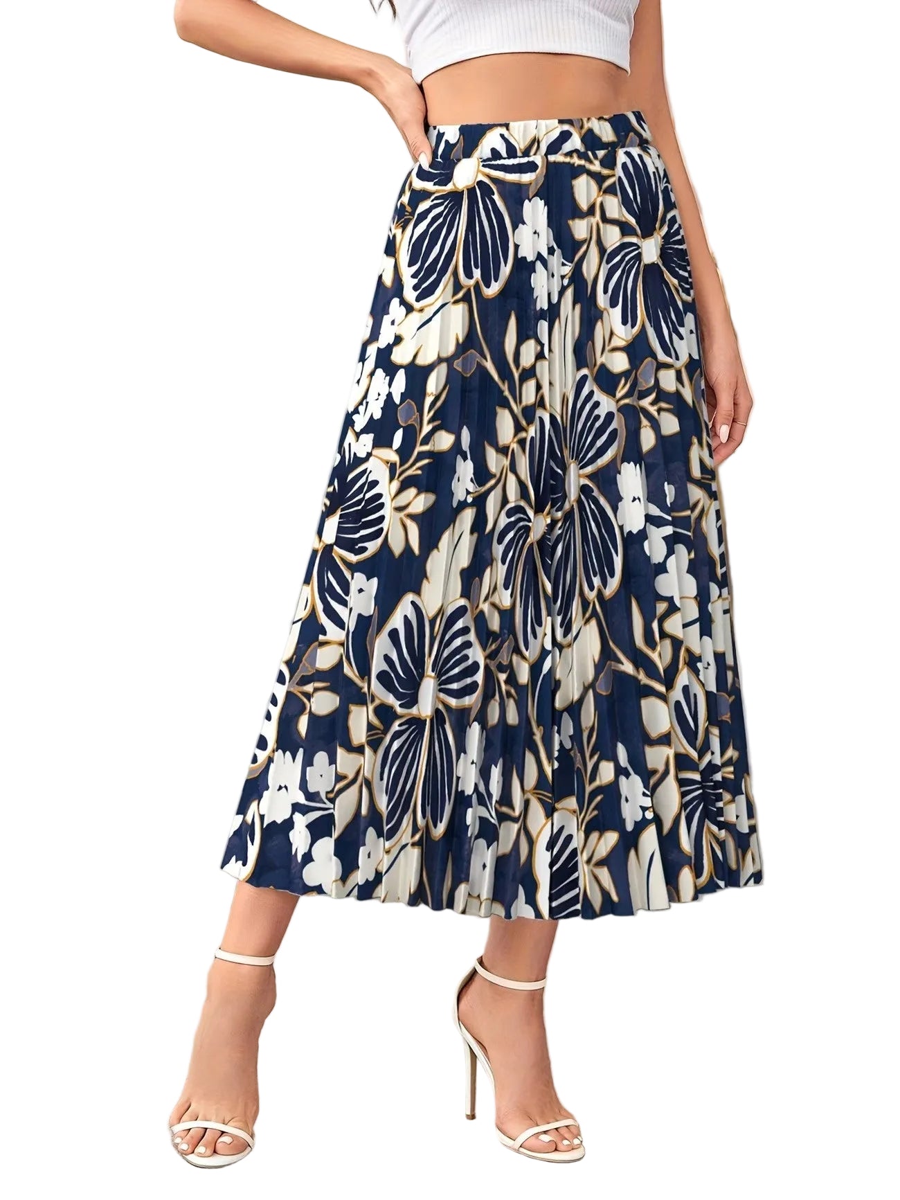 Women’s Pleated Midi Skirt with Floral Print