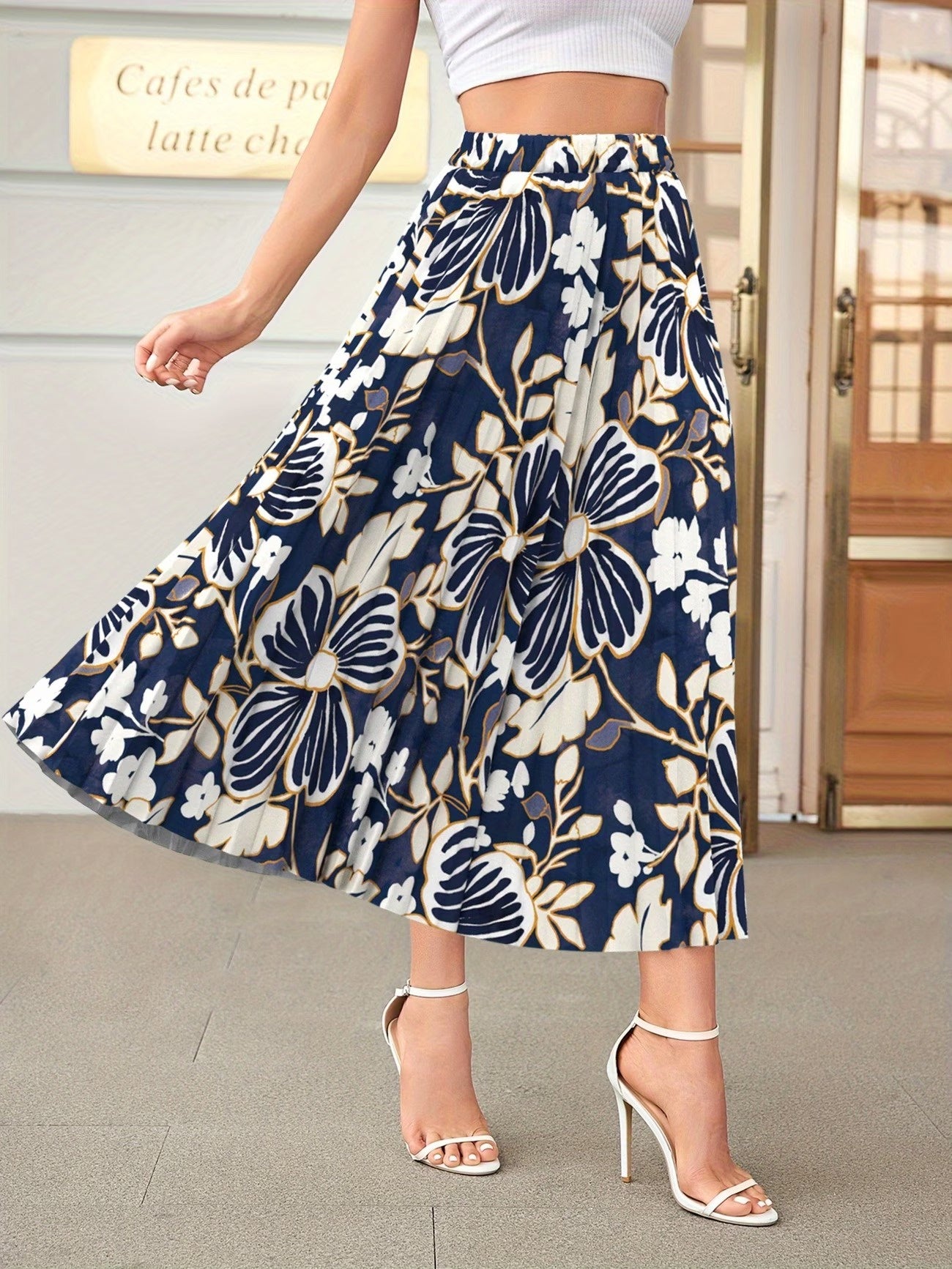 Women’s Pleated Midi Skirt with Floral Print