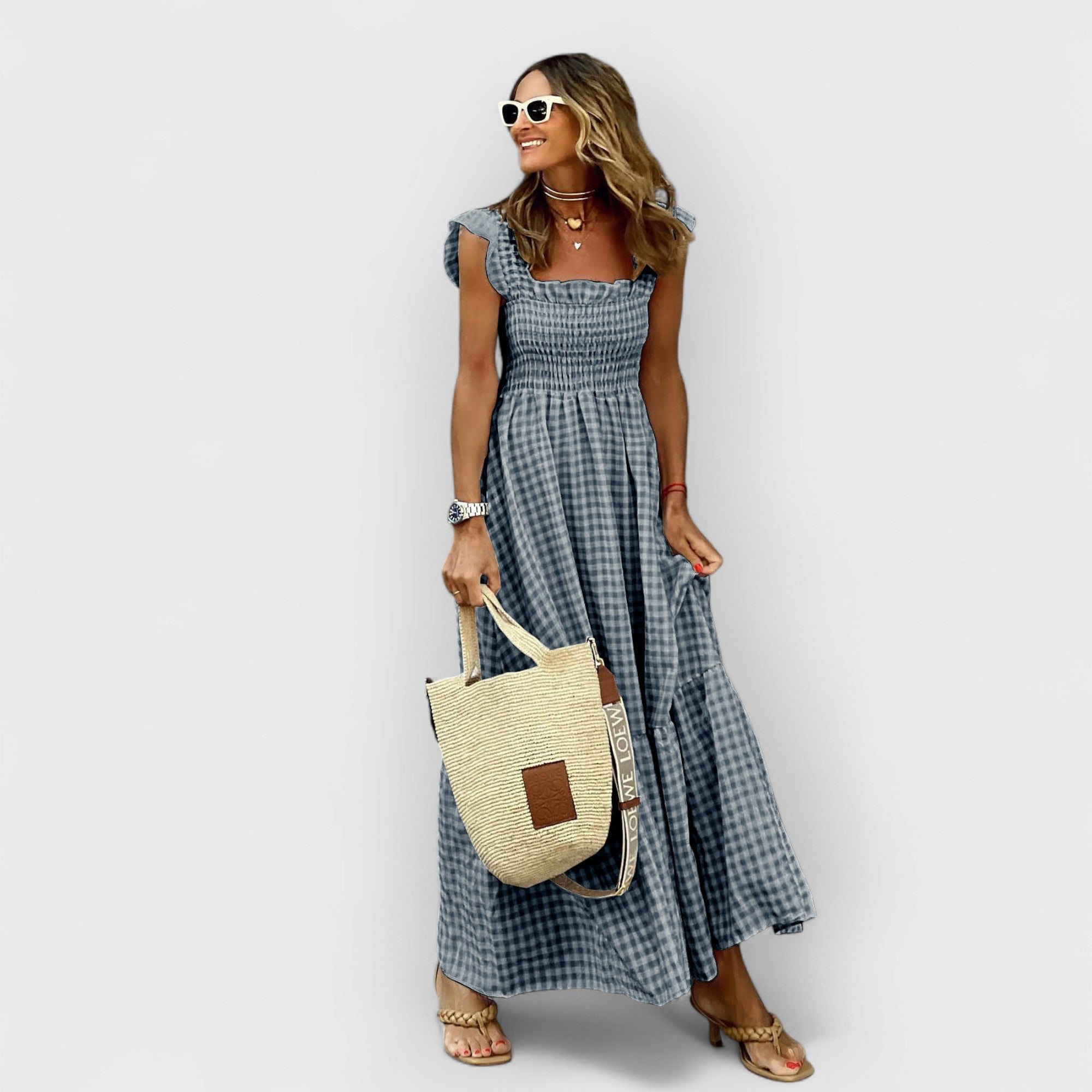 OLIVIA - PLAID RUFFLE-SLEEVE SMOCKED MAXI DRESS