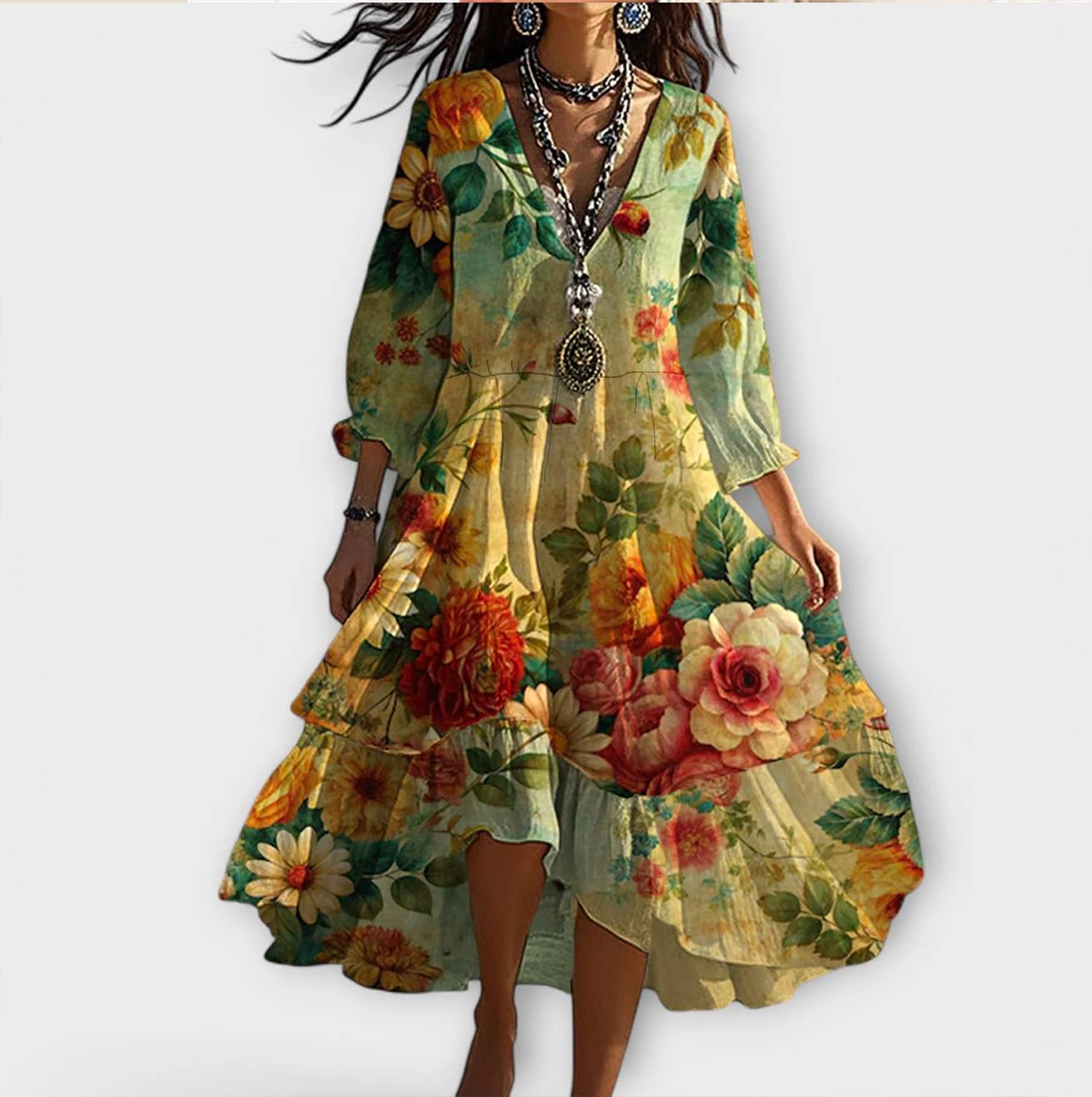 Marina - Vintage Boho Blumenmuster V-Ausschnitt Kleid