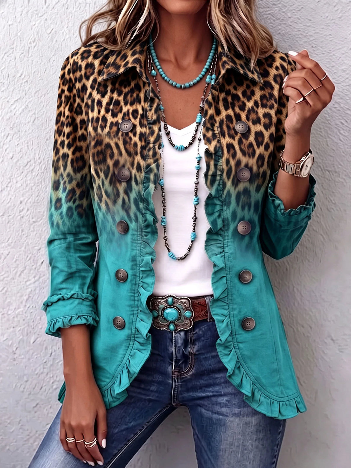 Boho Leopard & Teal Ruffle Blazer ? Elevate Your Fall Style 0