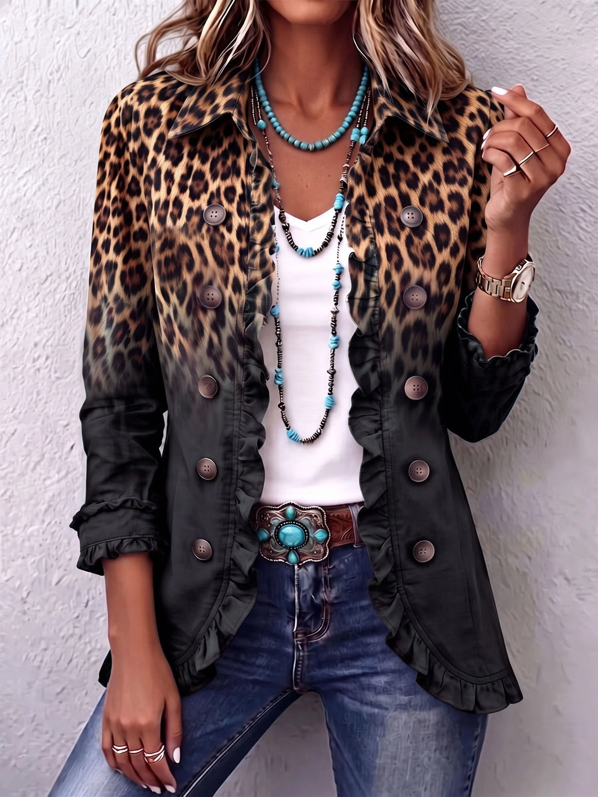 Boho Leopard & Teal Ruffle Blazer ? Elevate Your Fall Style 7