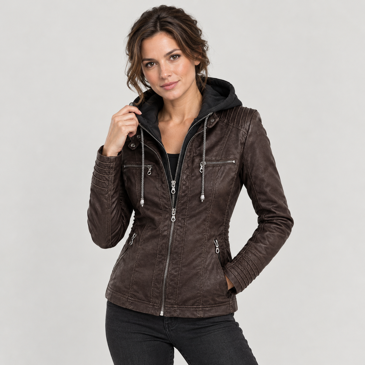 Women’s Hooded Faux Leather Biker Jacket