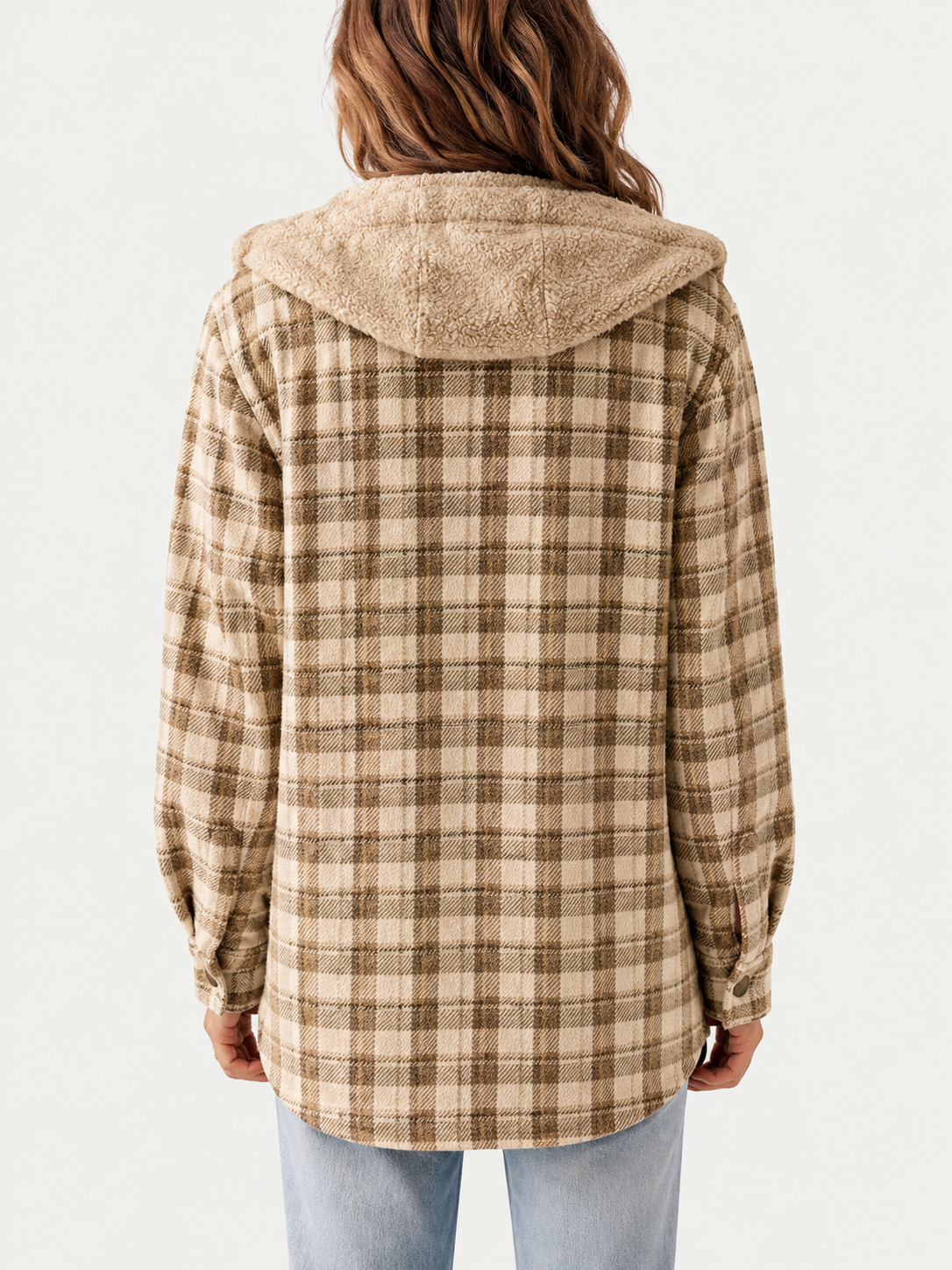 Women’s Hooded Check Shacket, Sherpa Lined Plaid Flannel Jacket