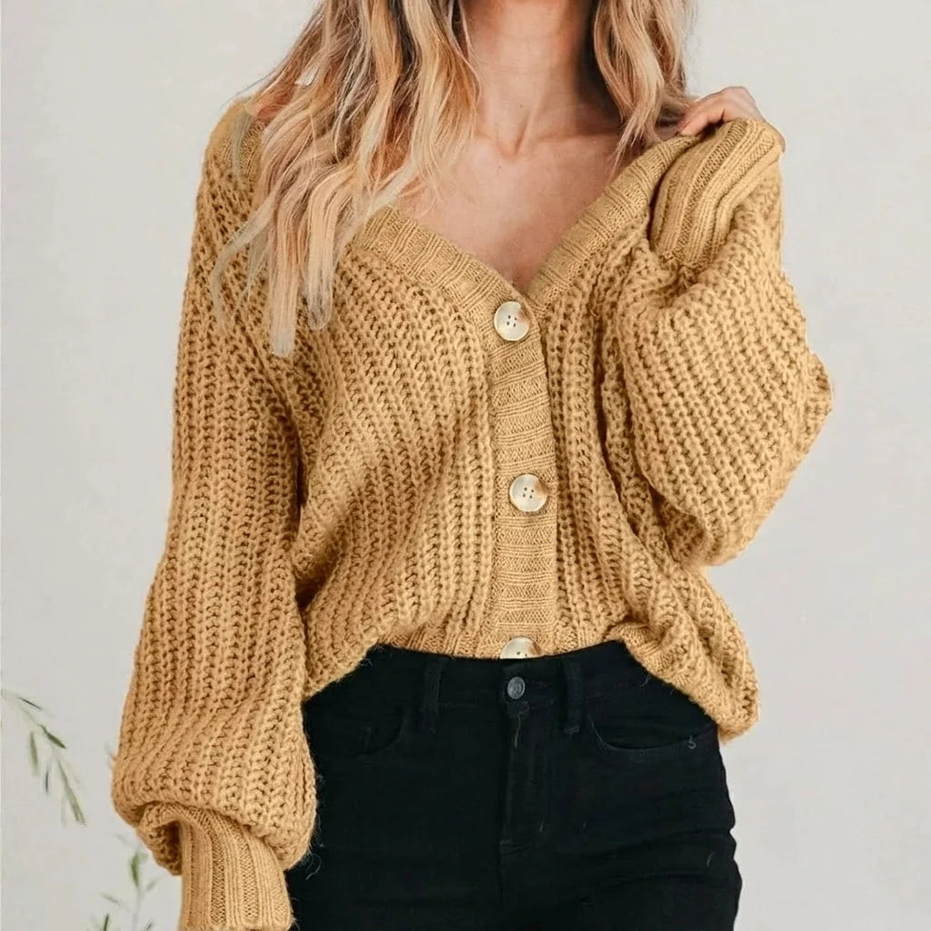Cropped Chunky Knit Cardigan with Balloon Sleeves | Women's Cardigan 0