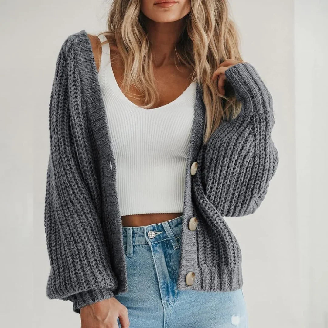 Cropped Chunky Knit Cardigan with Balloon Sleeves | Women's Cardigan 4