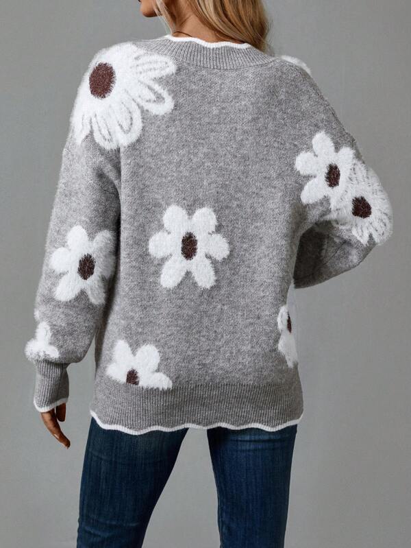Floral Daisy Knit Sweater | Women's Sweater V-Neck Grey 1