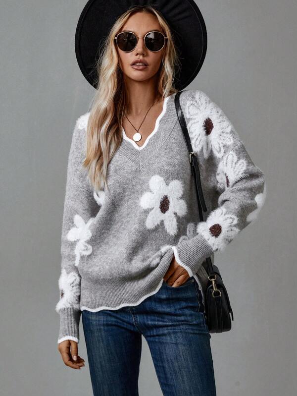 Floral Daisy Knit Sweater | Women's Sweater V-Neck Grey 2