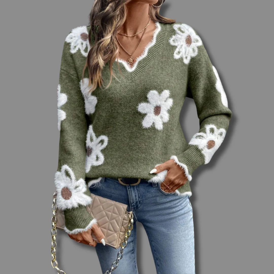 Floral Daisy Knit Sweater | Women's Sweater V-Neck Grey 3