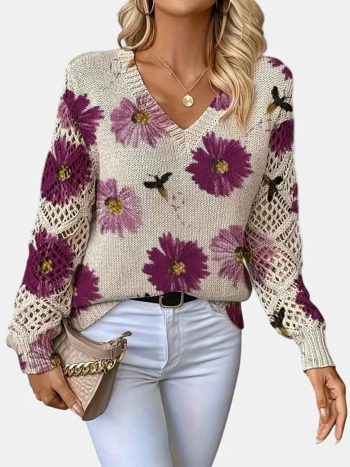 Floral Knit V-Neck Sweater | Women's Sweater Relaxed Fit 3
