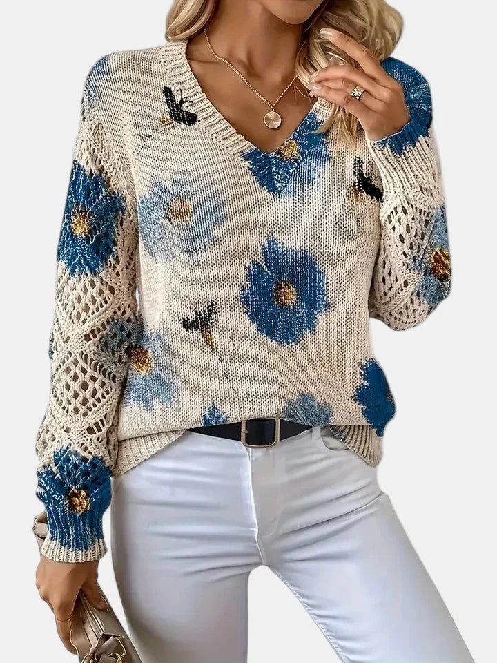 Floral Knit V-Neck Sweater | Women's Sweater Relaxed Fit 6