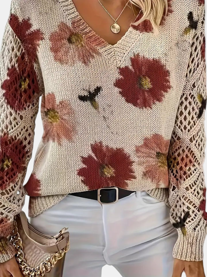 Floral Knit V-Neck Sweater | Women's Sweater Relaxed Fit 8